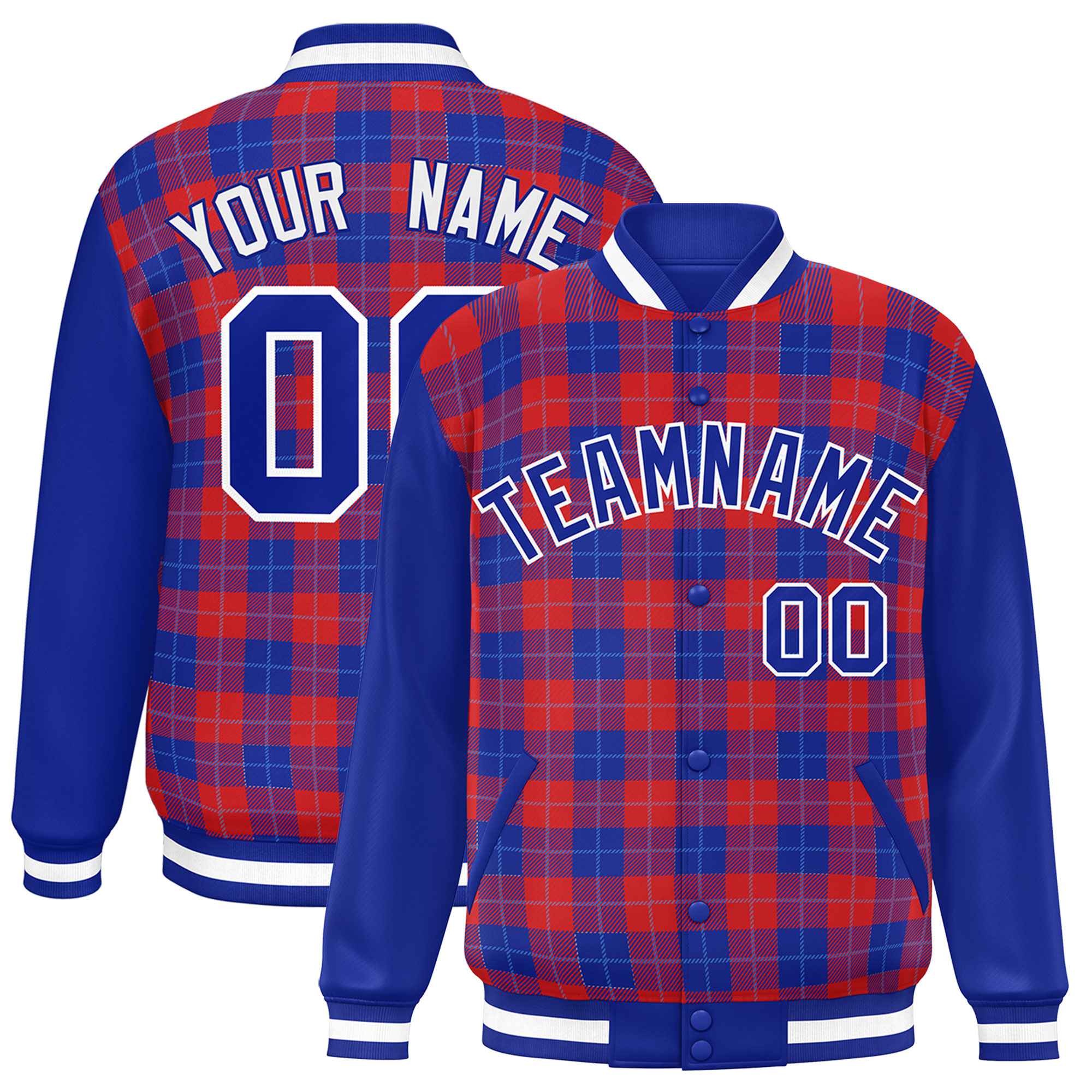 Custom Red Royal-Powder Blue Varsity Full-Snap Plaid Pattern Letterman Baseball Jacket