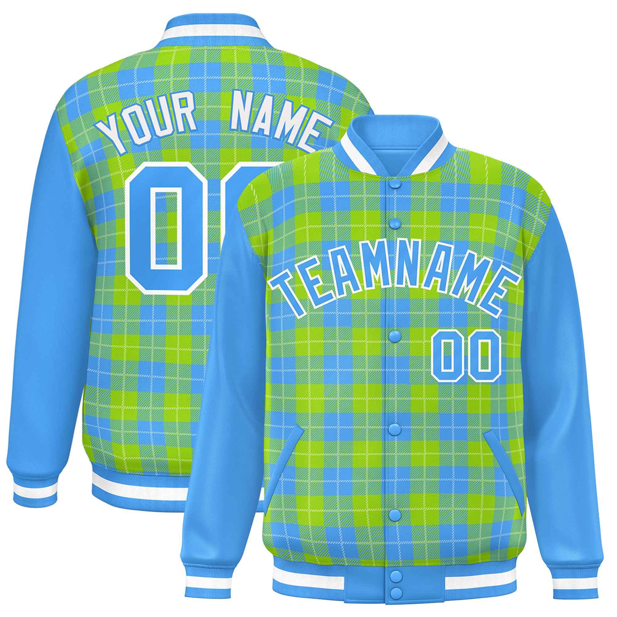 Custom Neon Green Powder Blue-White Varsity Full-Snap Plaid Pattern Letterman Baseball Jacket