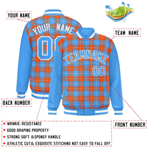 Custom Orange Powder Blue-White Varsity Full-Snap Plaid Pattern Letterman Baseball Jacket