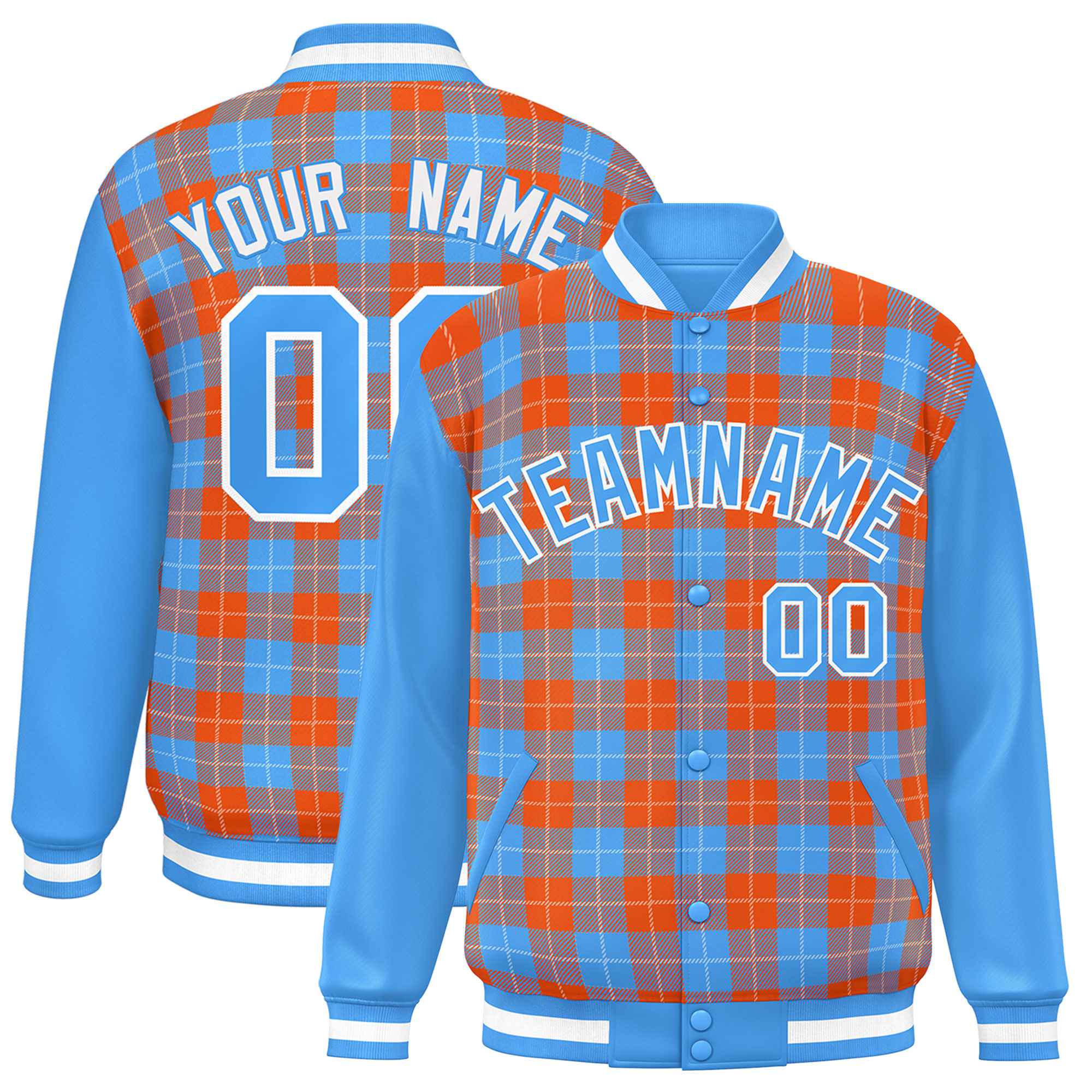 Custom Orange Powder Blue-White Varsity Full-Snap Plaid Pattern Letterman Baseball Jacket