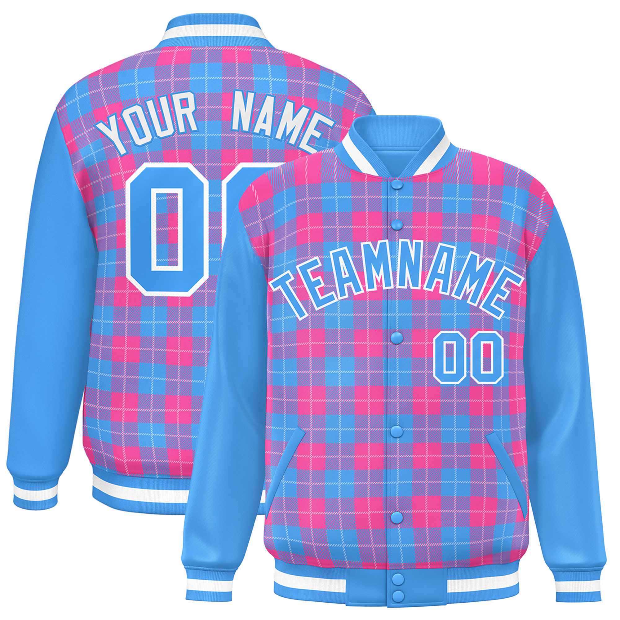 Custom Pink Powder Blue-White Varsity Full-Snap Plaid Pattern Letterman Baseball Jacket