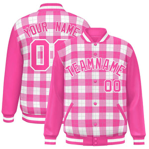 Custom White Pink-Gray Varsity Full-Snap Plaid Pattern Letterman Baseball Jacket