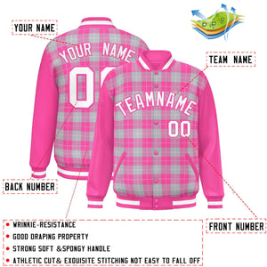 Custom Gray Pink-White Varsity Full-Snap Plaid Pattern Letterman Baseball Jacket