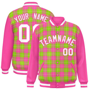 Custom Neon Green Pink-White Varsity Full-Snap Plaid Pattern Letterman Baseball Jacket