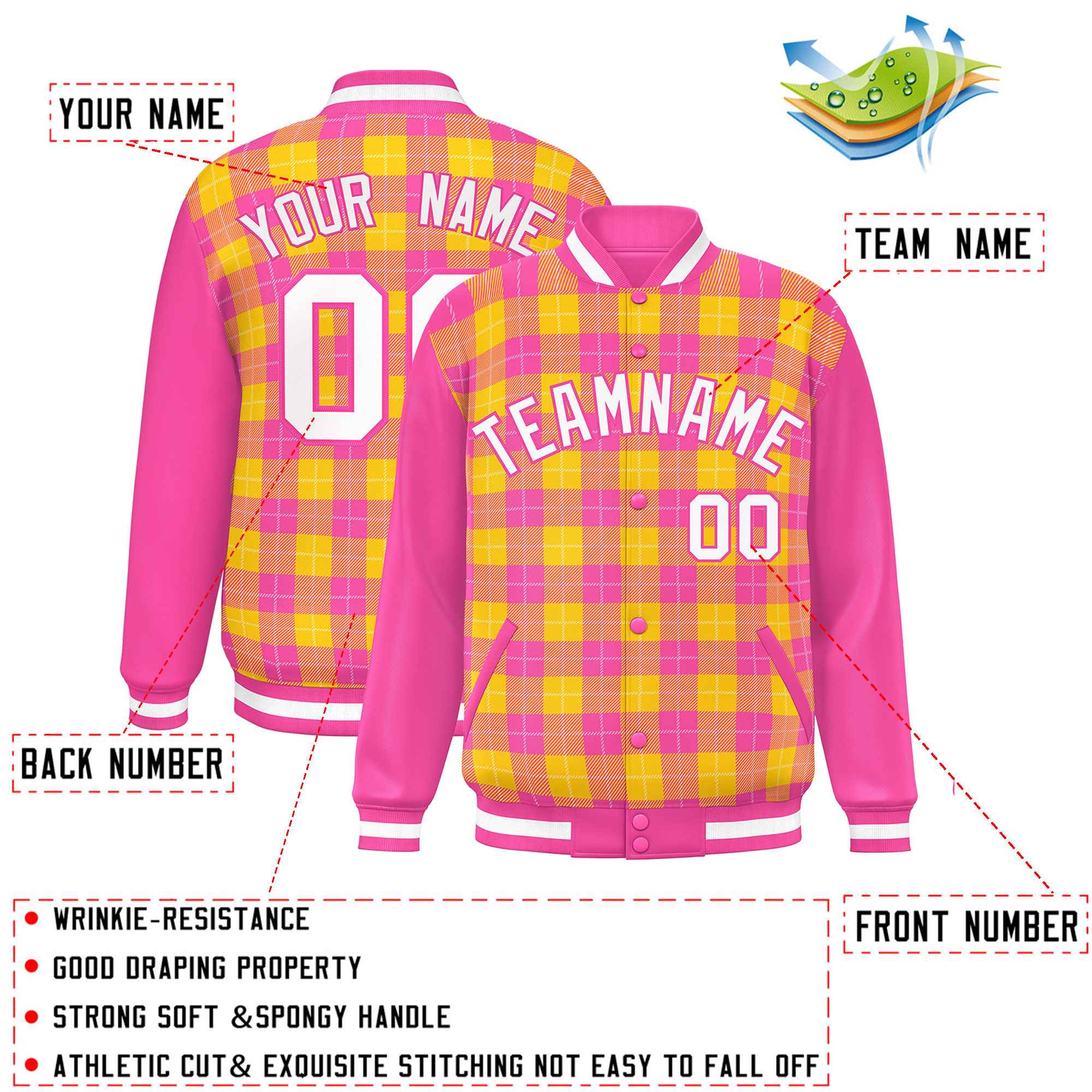 Custom Gold Pink-White Varsity Full-Snap Plaid Pattern Letterman Baseball Jacket