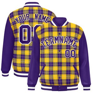 Custom Gold Purple-White Varsity Full-Snap Plaid Pattern Letterman Baseball Jacket