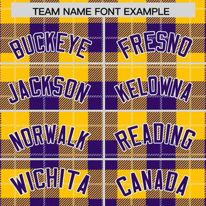 Custom Gold Purple-White Varsity Full-Snap Plaid Pattern Letterman Baseball Jacket