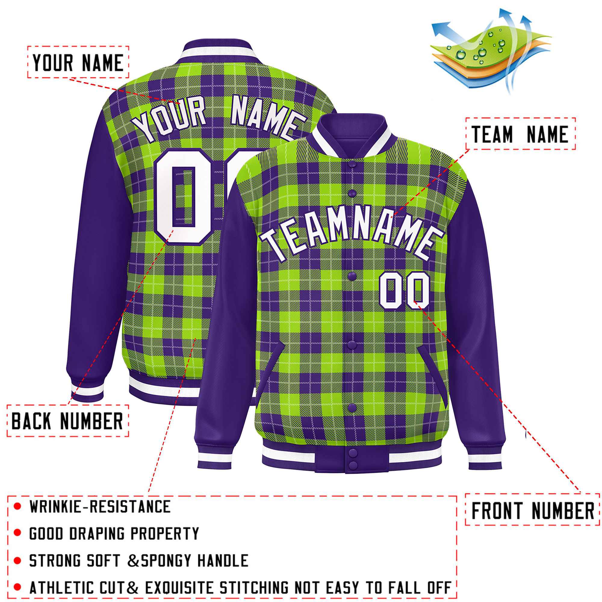 Custom Neon Green Purple-White Varsity Full-Snap Plaid Pattern Letterman Baseball Jacket