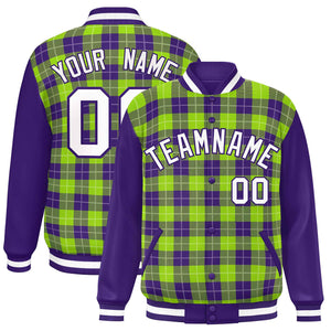 Custom Neon Green Purple-White Varsity Full-Snap Plaid Pattern Letterman Baseball Jacket