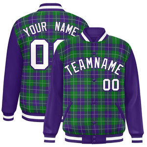 Custom Kelly Green Purple-White Varsity Full-Snap Plaid Pattern Letterman Baseball Jacket