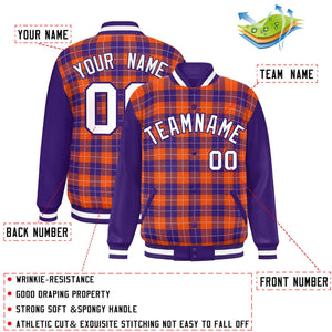 Custom Orange Purple-White Varsity Full-Snap Plaid Pattern Letterman Baseball Jacket