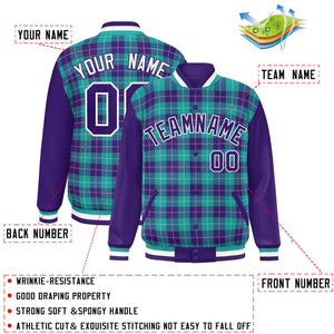 Custom Aqua Purple-White Varsity Full-Snap Plaid Pattern Letterman Baseball Jacket