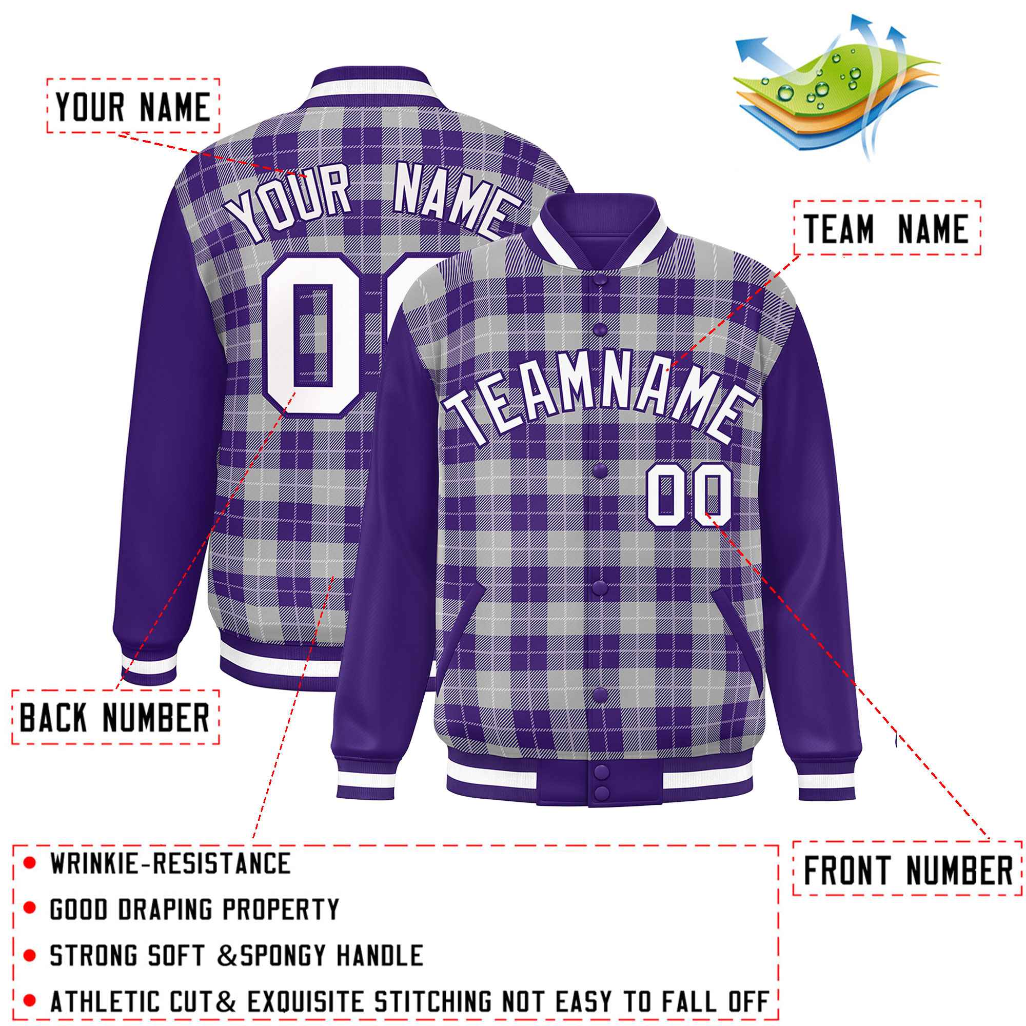 Custom Gray Purple-White Varsity Full-Snap Plaid Pattern Letterman Baseball Jacket