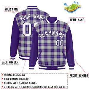 Custom Gray Purple-White Varsity Full-Snap Plaid Pattern Letterman Baseball Jacket