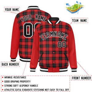 Custom Red Black-Gray Varsity Full-Snap Plaid Pattern Letterman Baseball Jacket