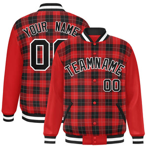 Custom Red Black-Gray Varsity Full-Snap Plaid Pattern Letterman Baseball Jacket