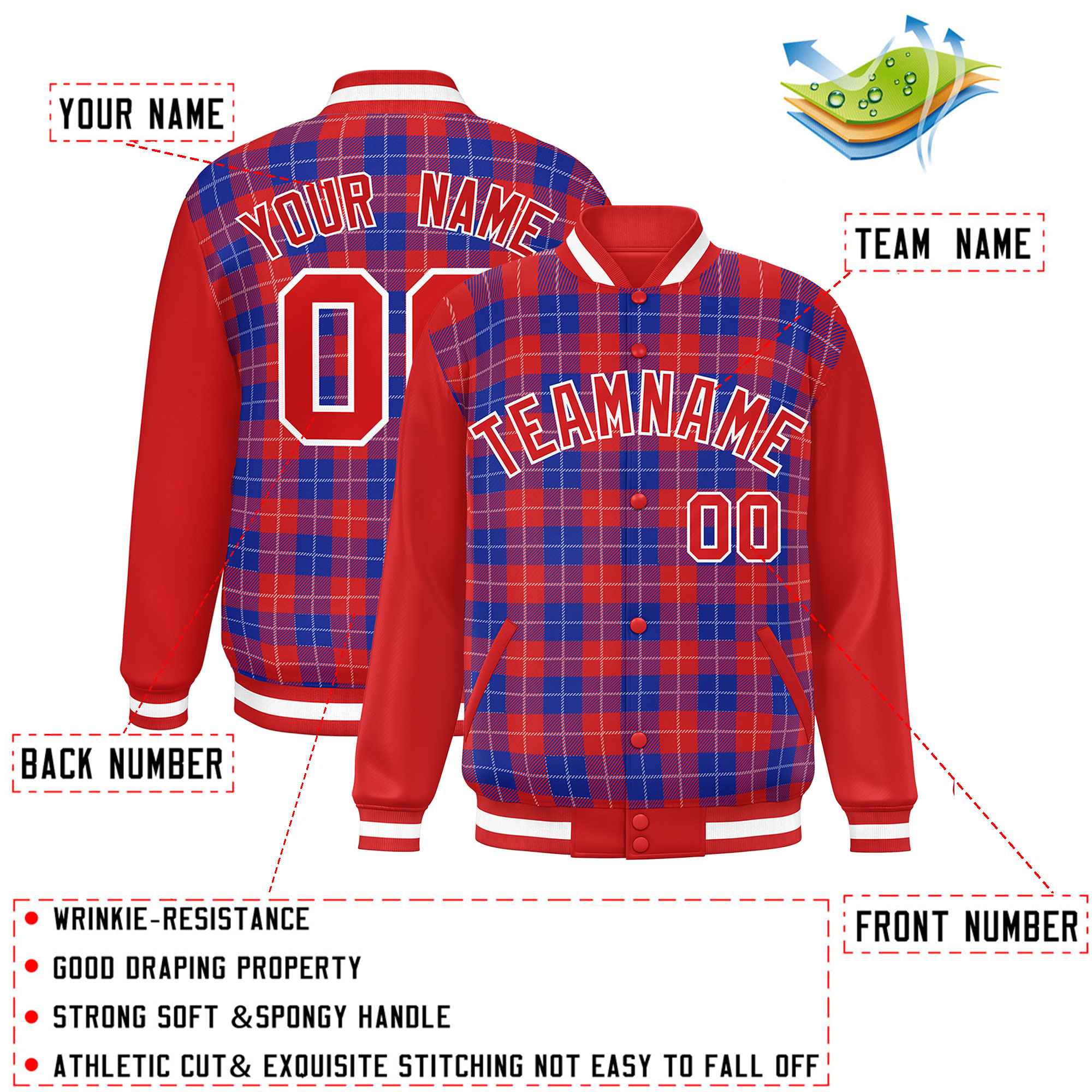 Custom Royal Red-White Varsity Full-Snap Plaid Pattern Letterman Baseball Jacket