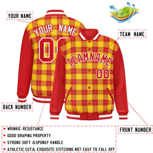 Custom Gold Red-White Varsity Full-Snap Plaid Pattern Letterman Baseball Jacket