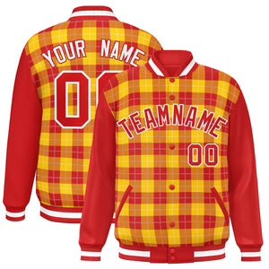 Custom Gold Red-White Varsity Full-Snap Plaid Pattern Letterman Baseball Jacket