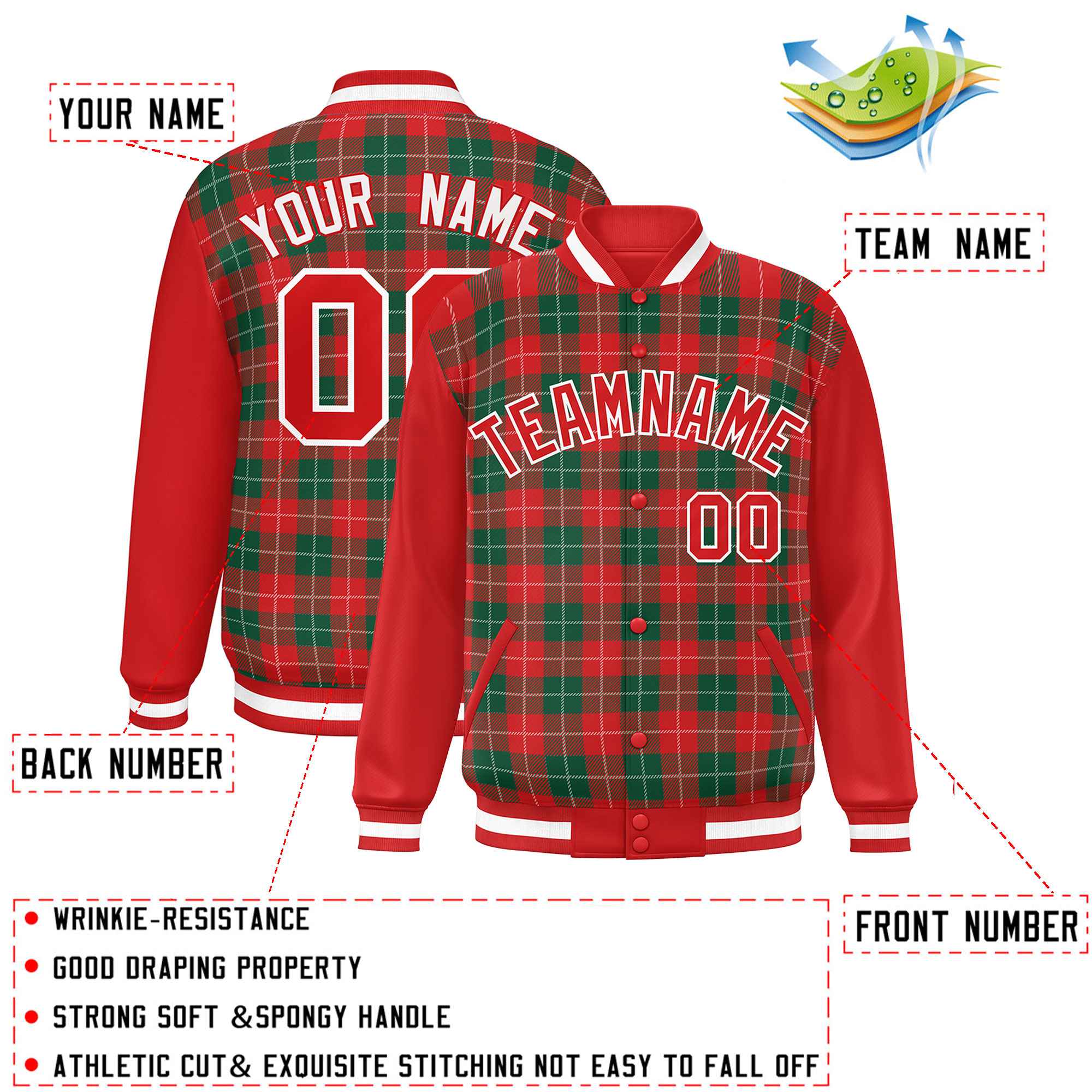 Custom Kelly Green Red-White Varsity Full-Snap Plaid Pattern Letterman Baseball Jacket