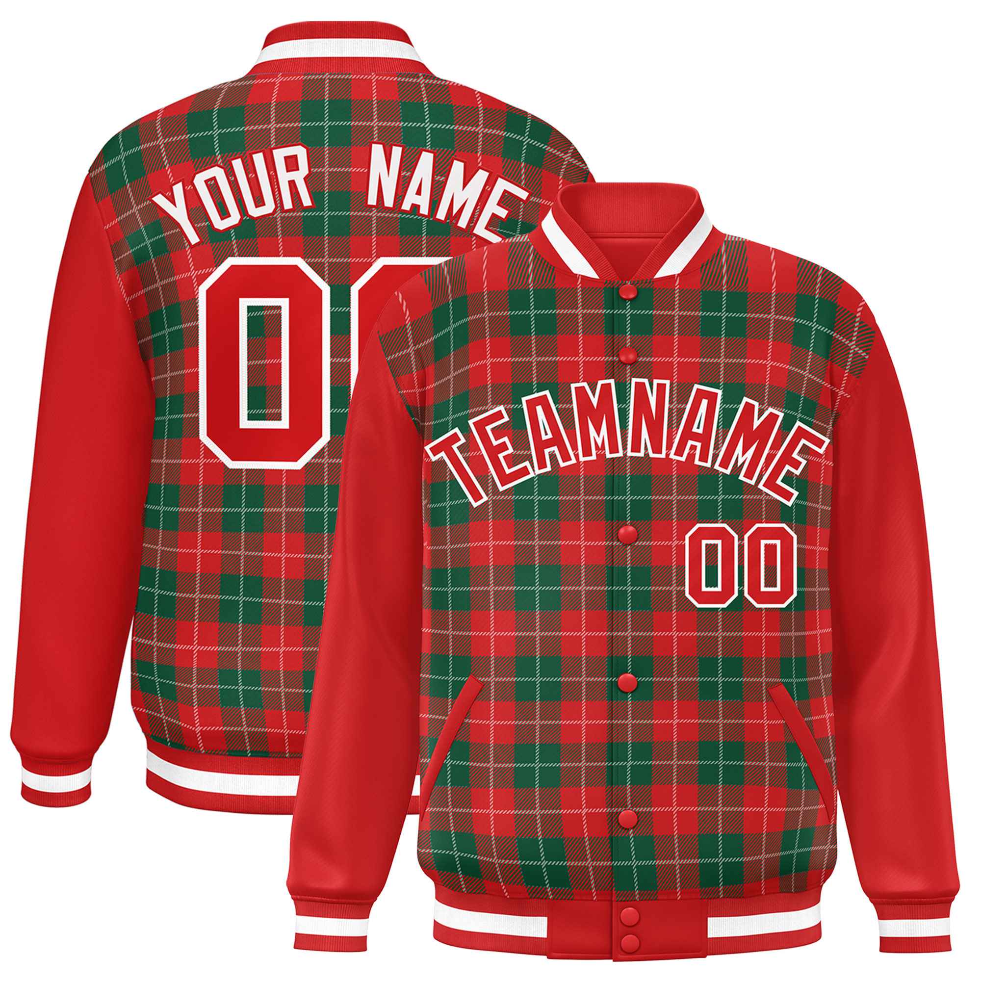 Custom Kelly Green Red-White Varsity Full-Snap Plaid Pattern Letterman Baseball Jacket