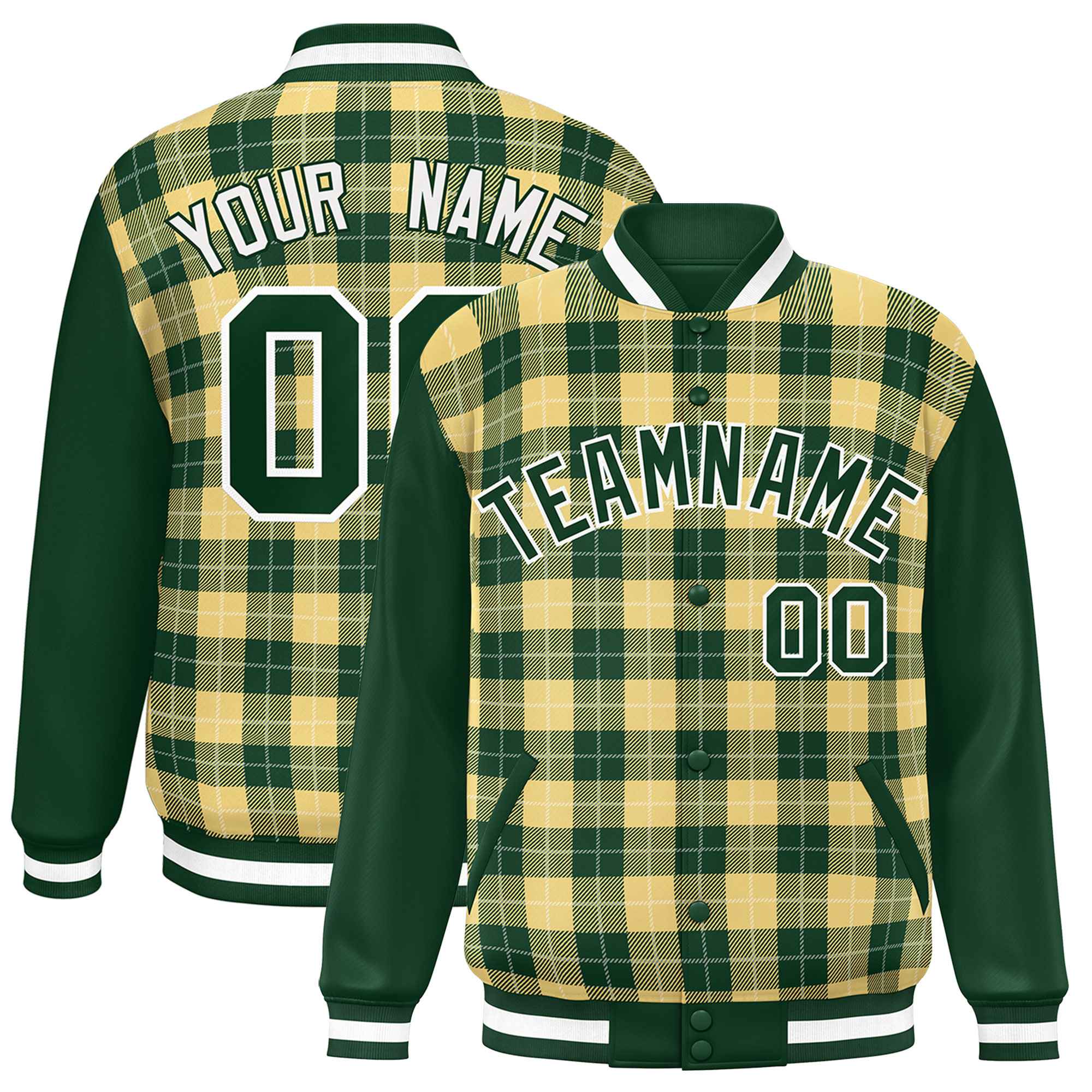 Custom Khaki Green-White Varsity Full-Snap Plaid Pattern Letterman Baseball Jacket