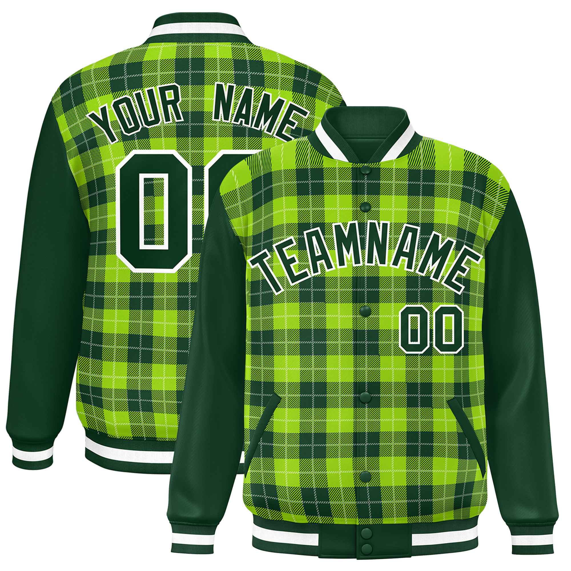 Custom Neon Green Green-White Varsity Full-Snap Plaid Pattern Letterman Baseball Jacket