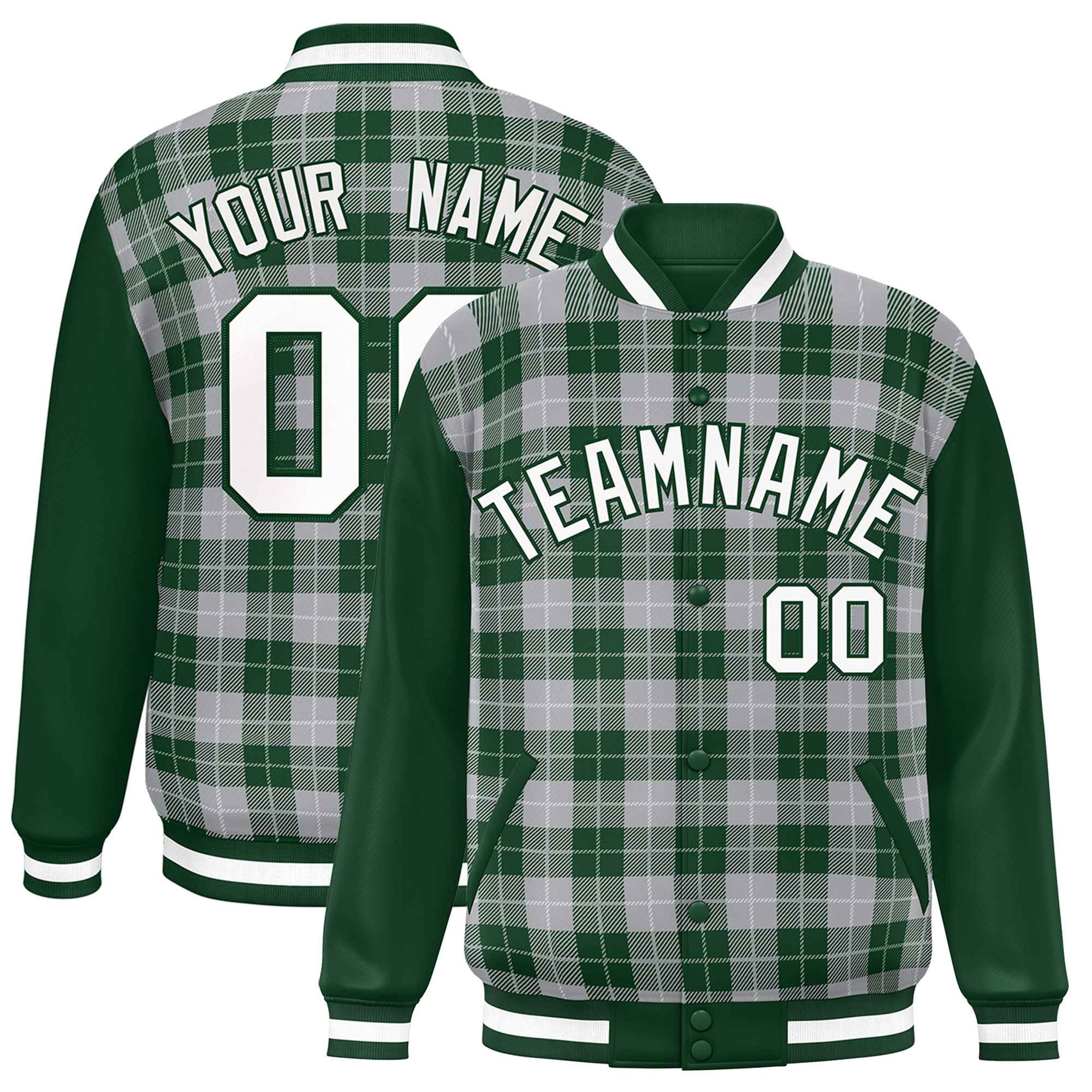 Custom Gray Green-White Varsity Full-Snap Plaid Pattern Letterman Baseball Jacket