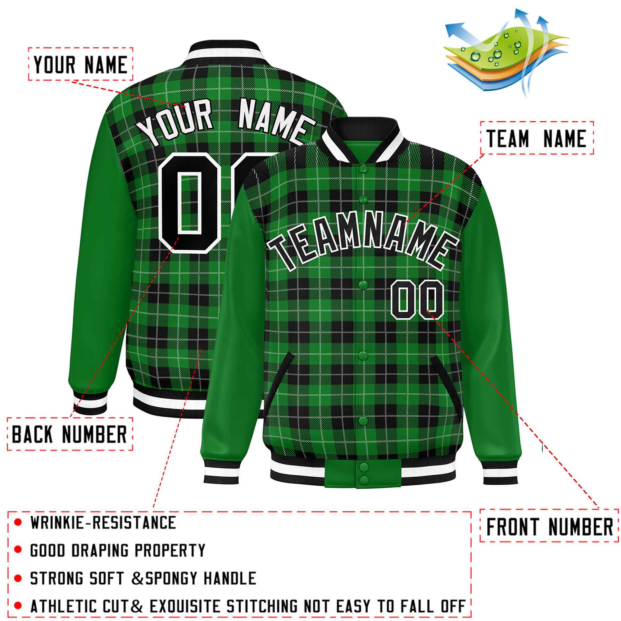 Custom Black Green-White Varsity Full-Snap Plaid Pattern Letterman Baseball Jacket