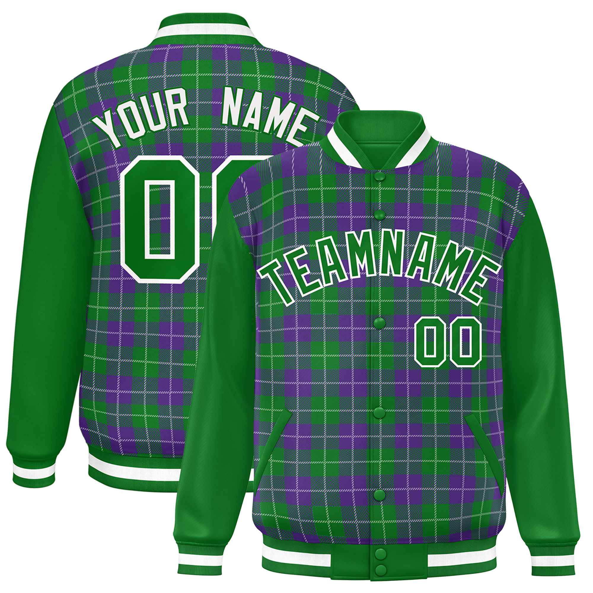 Custom Purple Green-White Varsity Full-Snap Plaid Pattern Letterman Baseball Jacket