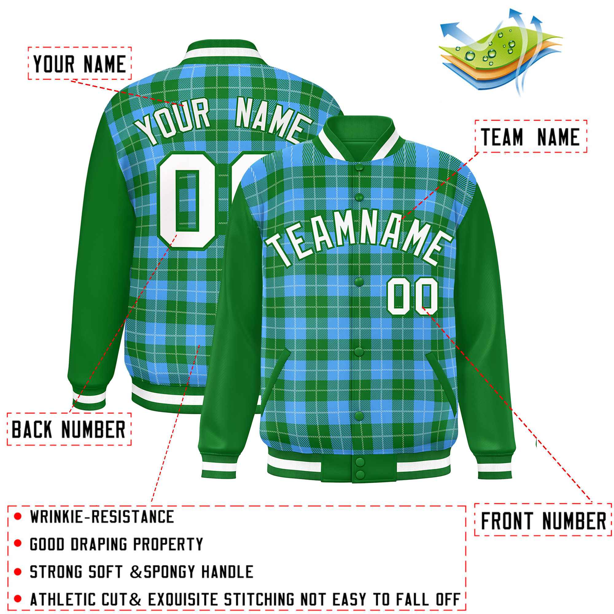 Custom Powder Blue Green-White Varsity Full-Snap Plaid Pattern Letterman Baseball Jacket