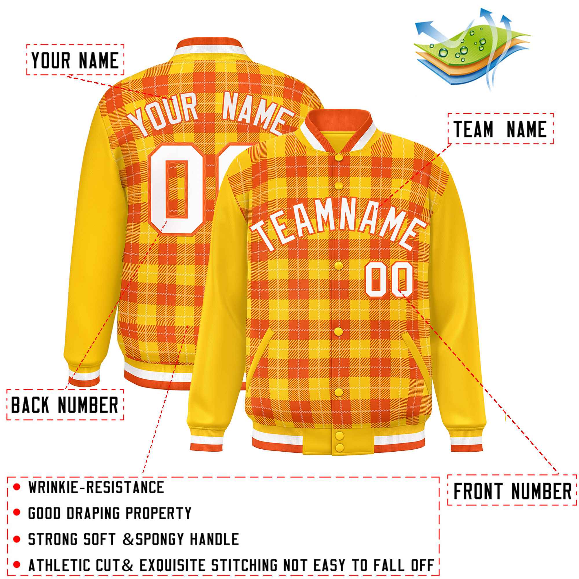 Custom Orange Gold-White Varsity Full-Snap Plaid Pattern Letterman Baseball Jacket