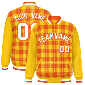 Custom Orange Gold-White Varsity Full-Snap Plaid Pattern Letterman Baseball Jacket