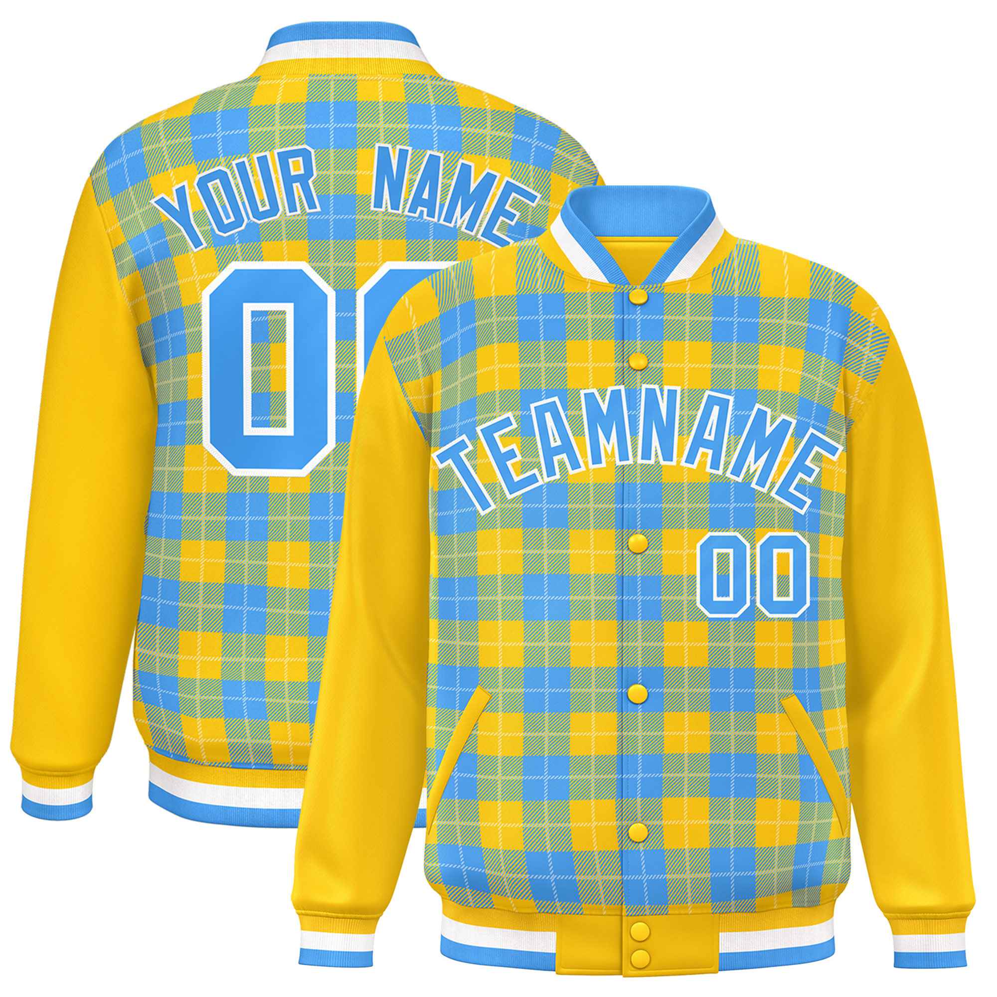 Custom Powder Blue Gold-White Varsity Full-Snap Plaid Pattern Letterman Baseball Jacket