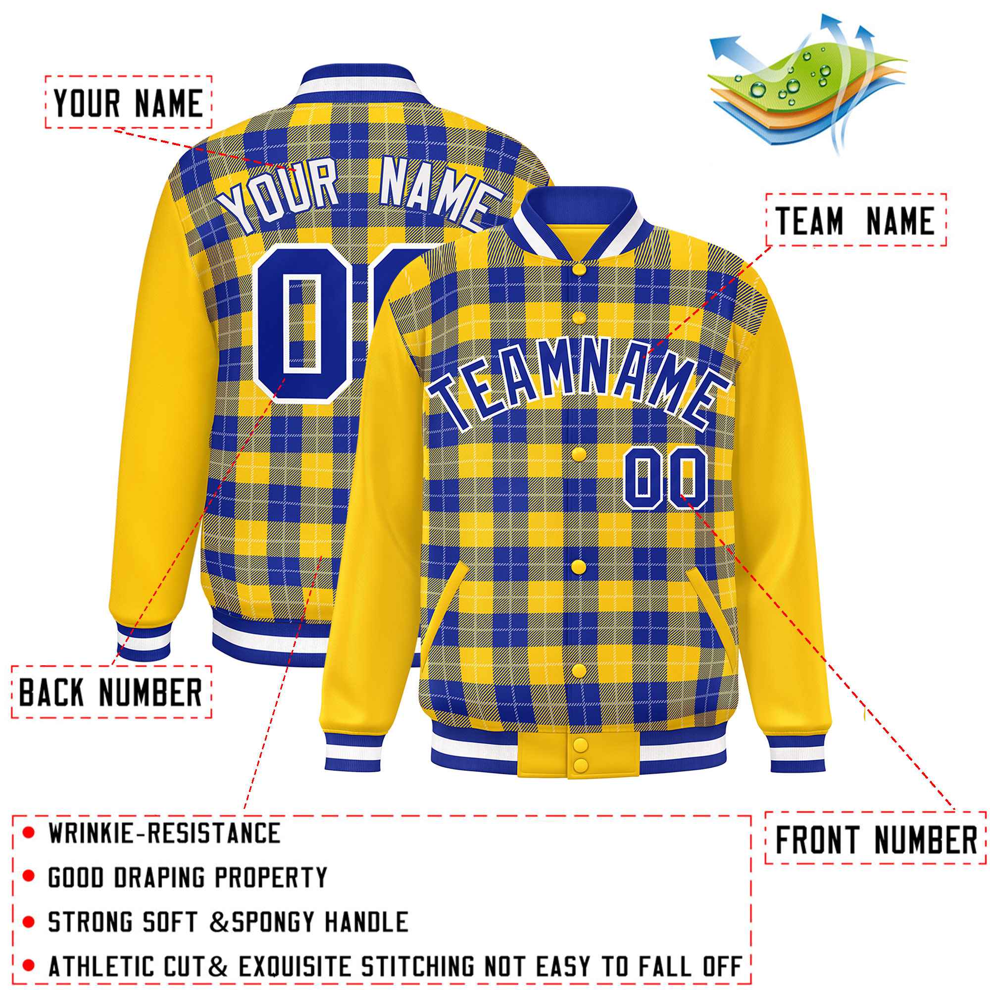 Custom Royal Gold-White Varsity Full-Snap Plaid Pattern Letterman Baseball Jacket