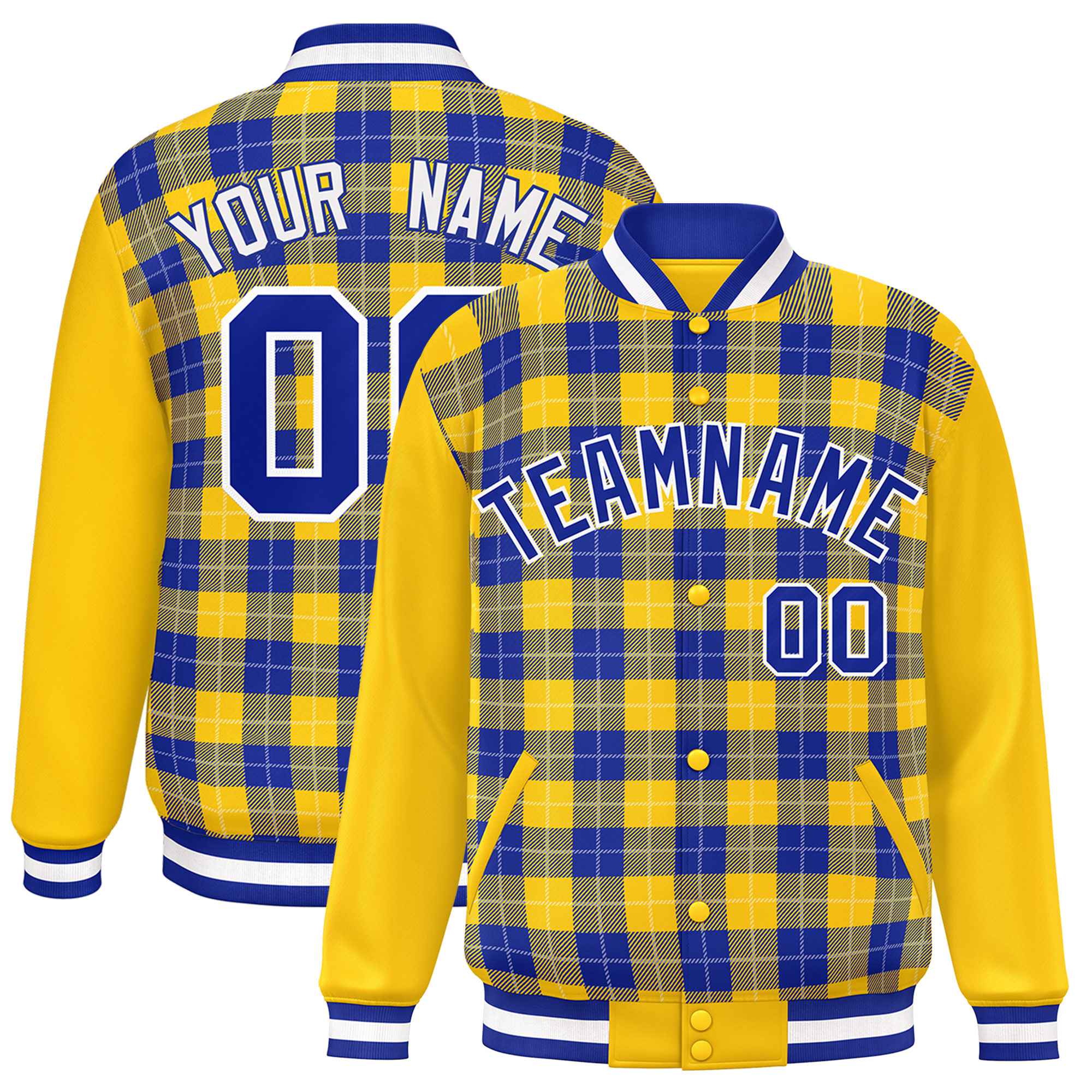 Custom Royal Gold-White Varsity Full-Snap Plaid Pattern Letterman Baseball Jacket