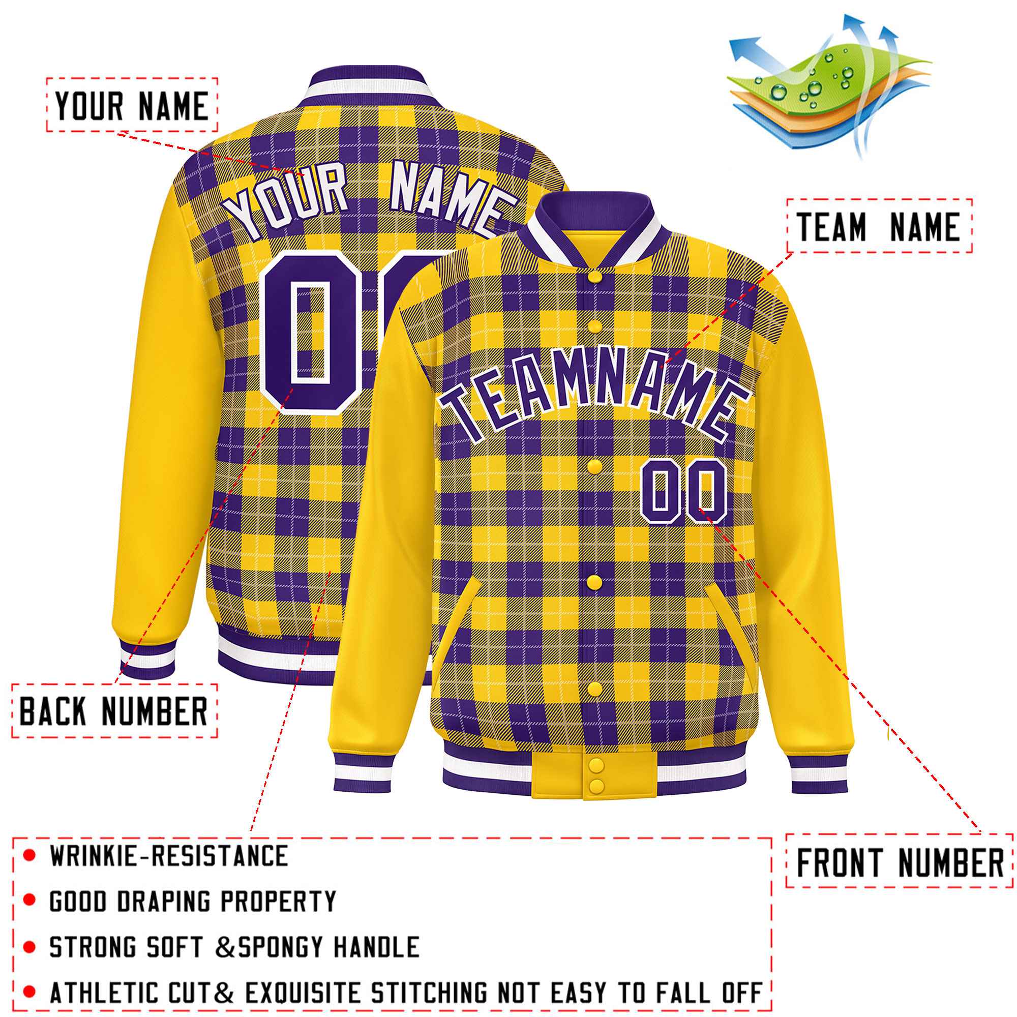 Custom Purple Gold-White Varsity Full-Snap Plaid Pattern Letterman Baseball Jacket