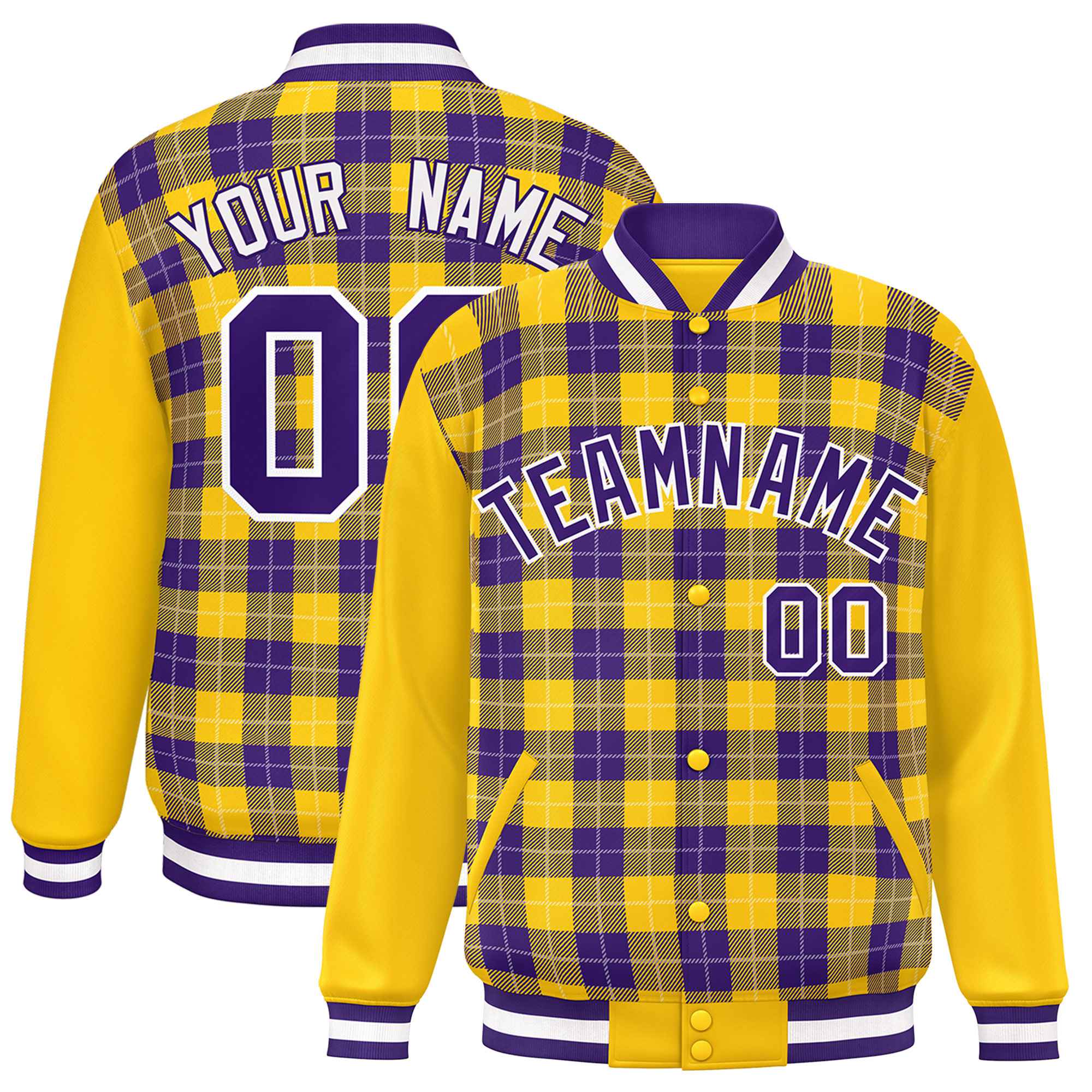 Custom Purple Gold-White Varsity Full-Snap Plaid Pattern Letterman Baseball Jacket