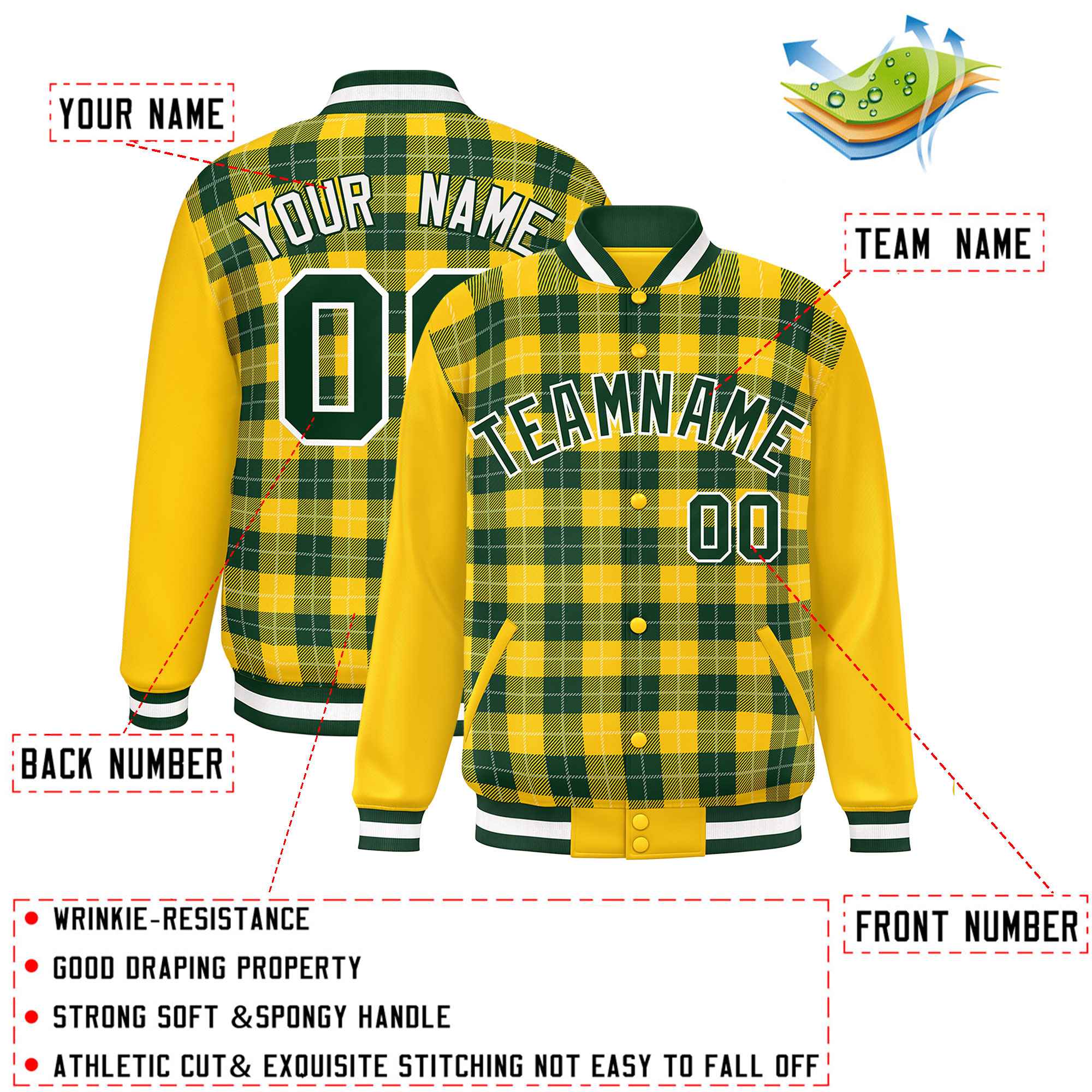 Custom Green Gold-White Varsity Full-Snap Plaid Pattern Letterman Baseball Jacket