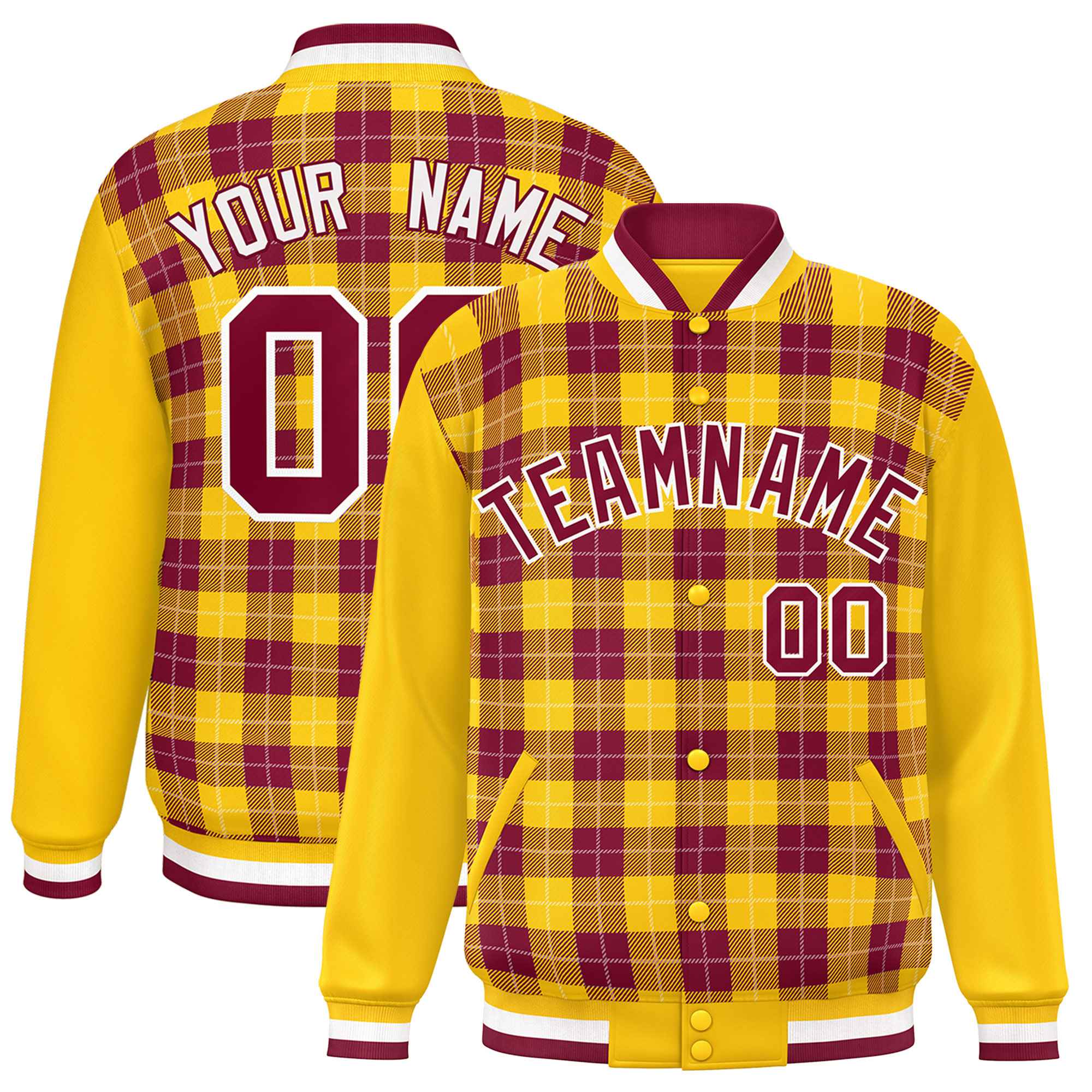 Custom Crimson Gold-White Varsity Full-Snap Plaid Pattern Letterman Baseball Jacket