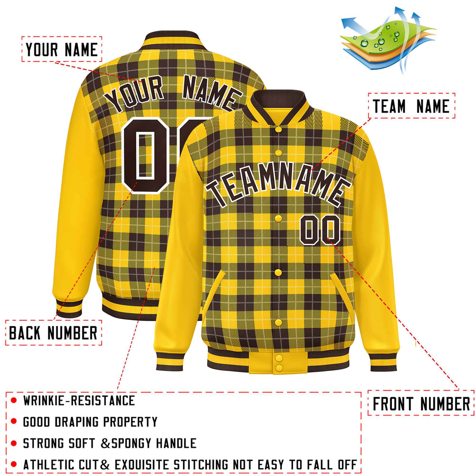 Custom Brown Gold-White Varsity Full-Snap Plaid Pattern Letterman Baseball Jacket