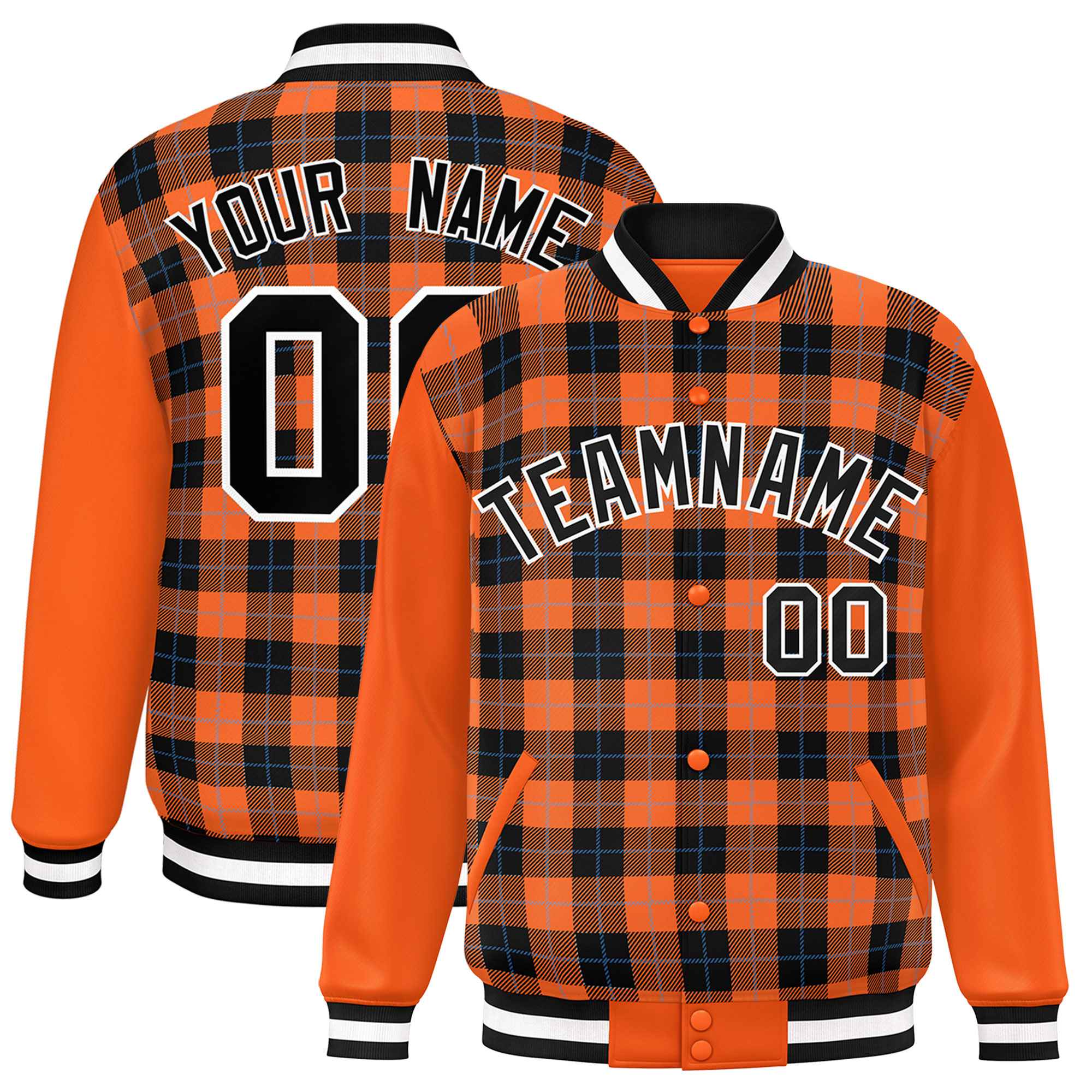 Custom Black Orange-Powder Blue Varsity Full-Snap Plaid Pattern Letterman Baseball Jacket