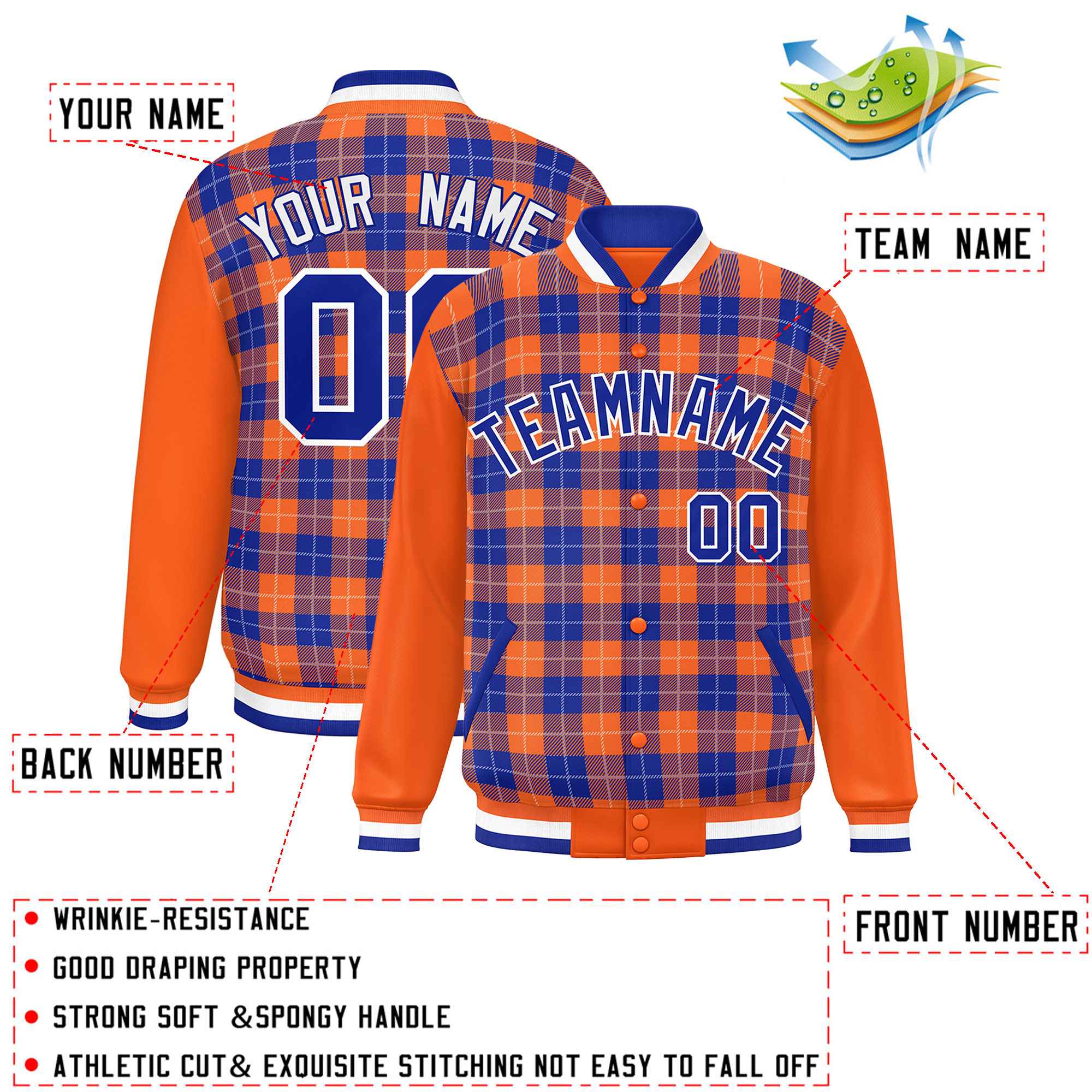 Custom Royal Orange-White Varsity Full-Snap Plaid Pattern Letterman Baseball Jacket