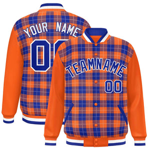 Custom Royal Orange-White Varsity Full-Snap Plaid Pattern Letterman Baseball Jacket