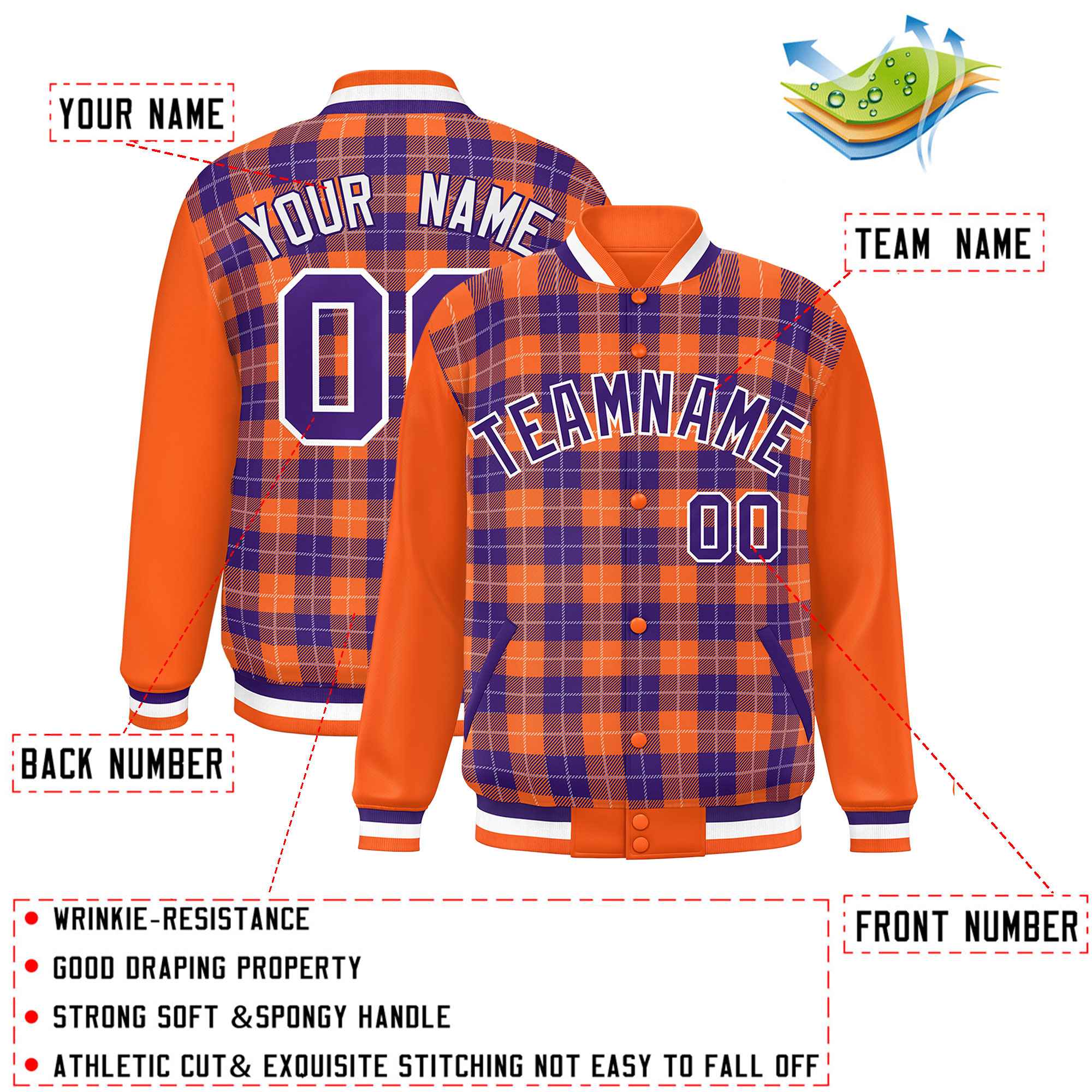 Custom Purple Orange-White Varsity Full-Snap Plaid Pattern Letterman Baseball Jacket