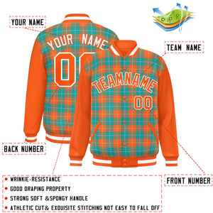 Custom Aqua Orange-White Varsity Full-Snap Plaid Pattern Letterman Baseball Jacket