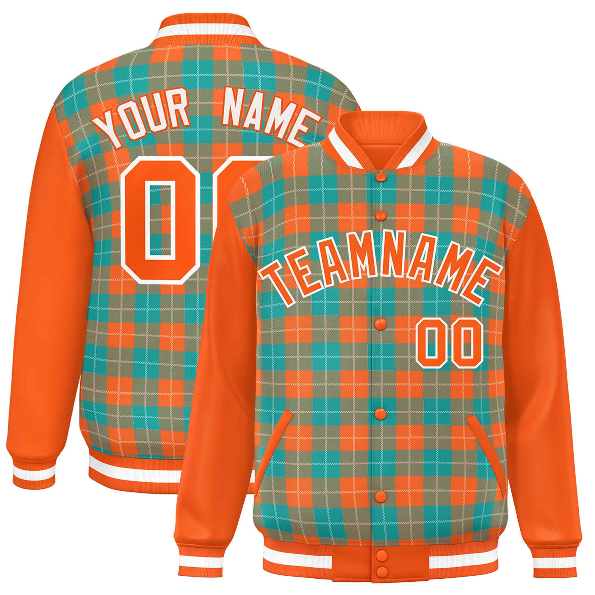 Custom Aqua Orange-White Varsity Full-Snap Plaid Pattern Letterman Baseball Jacket