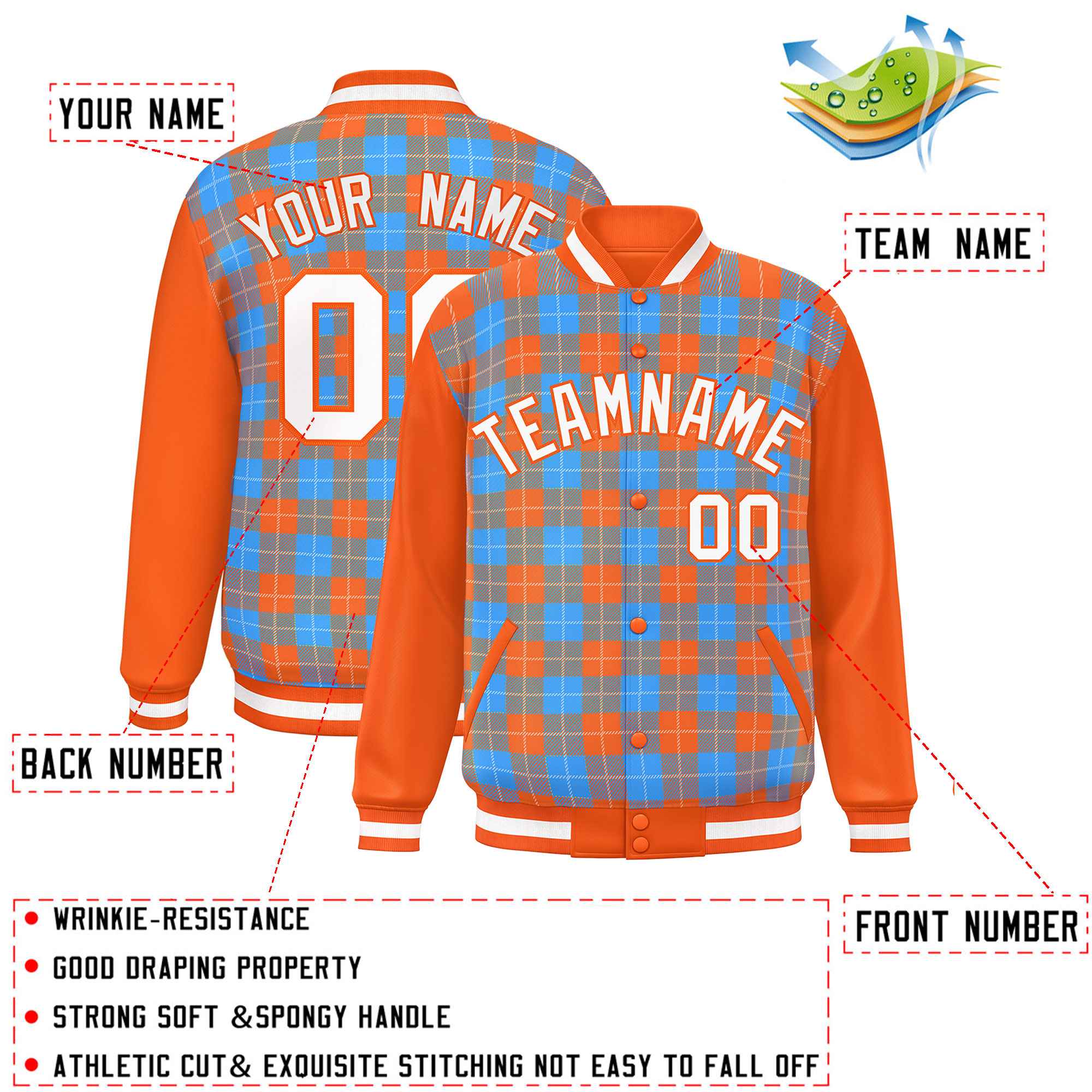 Custom Powder Blue Orange-White Varsity Full-Snap Plaid Pattern Letterman Baseball Jacket