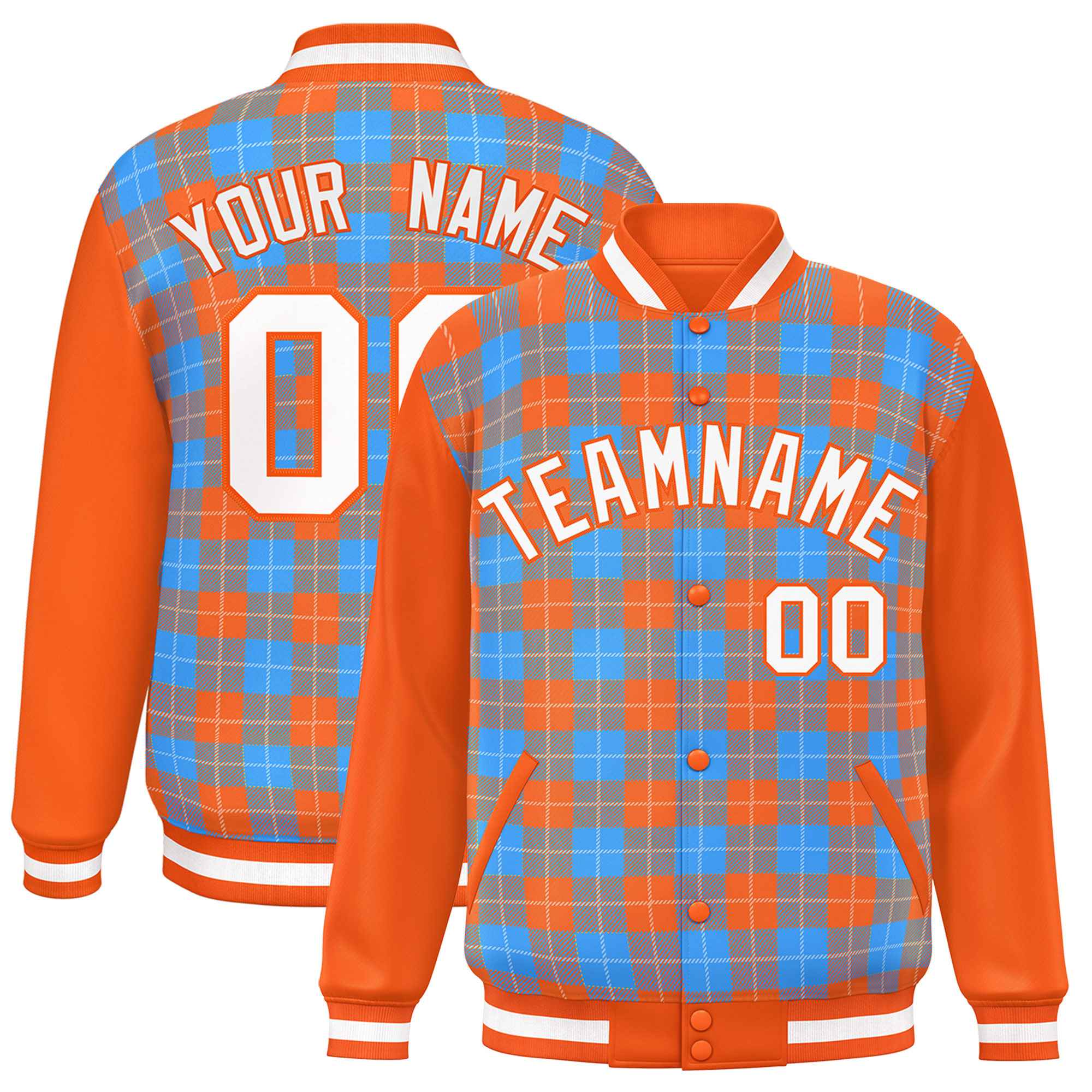 Custom Powder Blue Orange-White Varsity Full-Snap Plaid Pattern Letterman Baseball Jacket