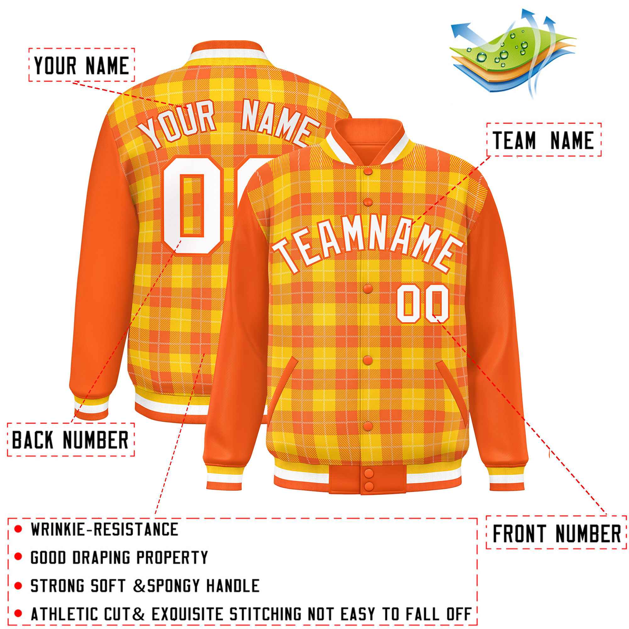 Custom Gold Orange-White Varsity Full-Snap Plaid Pattern Letterman Baseball Jacket